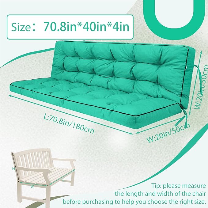 2/3 Seater Swing Replacement Cushion, Waterproof Porch Swing Cushions with Backrest, Thickened Bench Cushions for Outdoor Furniture, for Outdoor Patio Swing (Lake Blue, 70.8 * 40in)