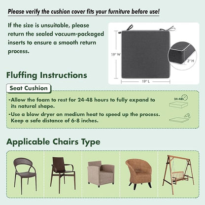 MIULEE Grey Outdoor Chair Cushions Set of 2, 19x19x3 Inch Waterproof Patio Seat Cushions for Outdoor Furniture Couch Sofa, 3 Year Color Fastness High Density Foam with Adjustable Ties