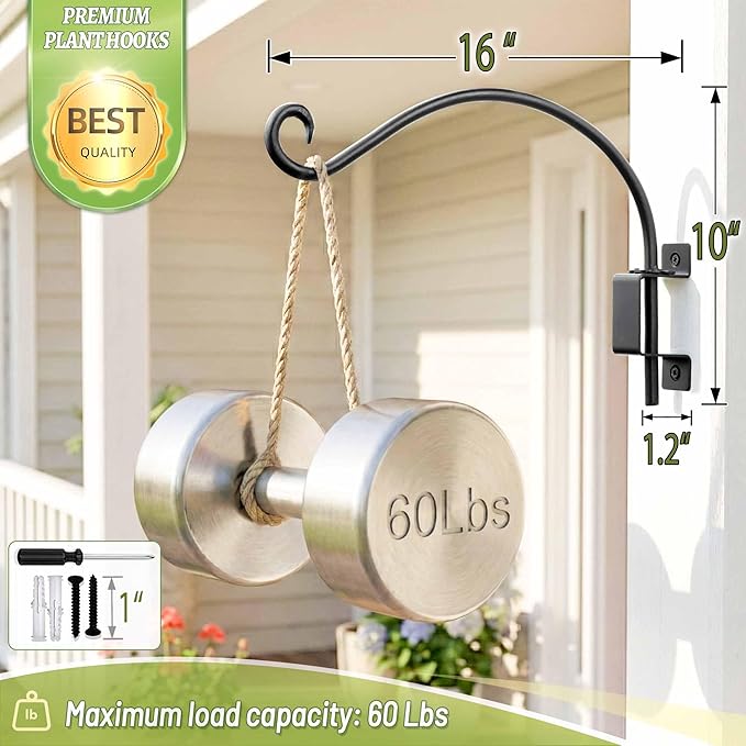 Qiang Ni Swivel Plant Hanger - 16 Inch 60 lbs Capacity Anti-Rust Metal Wall Mount Hook with Mounting Screws - for Indoor Outdoor Hanging Bird Feeders, Flower Baskets, Wind Chimes, Lanterns