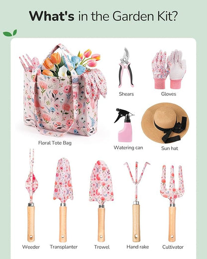 Grenebo Gardening Tools, 10-Piece Gardening Gift Set for Women, Rust-Proof & Heavy-Duty Tools with Floral Organizer Bag, Fashionable & Thoughtful Gift for Garden Women (Pink)