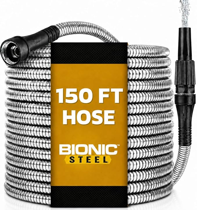 Bionic Steel 150 FT Long Garden Hose with Nozzle, 304 Stainless Steel Metal Water Hose 150ft, Flexible Hose, Kink Free, Lightweight & Durable, Crush Resistant Fitting, Easy to Coil, 500PSI- 2026 Model
