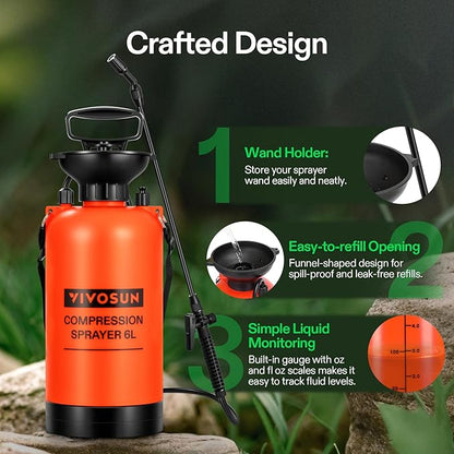VIVOSUN 1.59-Gallon Pump Pressure Sprayer, Pressurized Lawn & Garden Water Spray Bottle with Adjustable Shoulder Strap, for Plants Spraying, Garden Watering and Household Cleaning