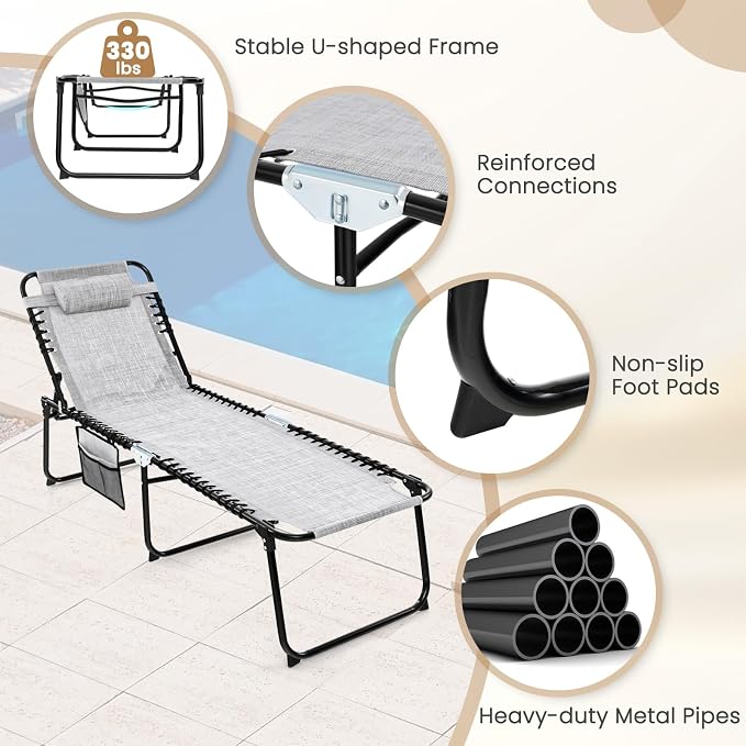 GYMAX Lounge Chairs for Outside, Extra High Folding Beach Tanning Lounger with Adjustable Backrest, Footrest & Removable Pillow, Sunbathing Lounge for Patio, Poolside (2, Grey with Pocket)