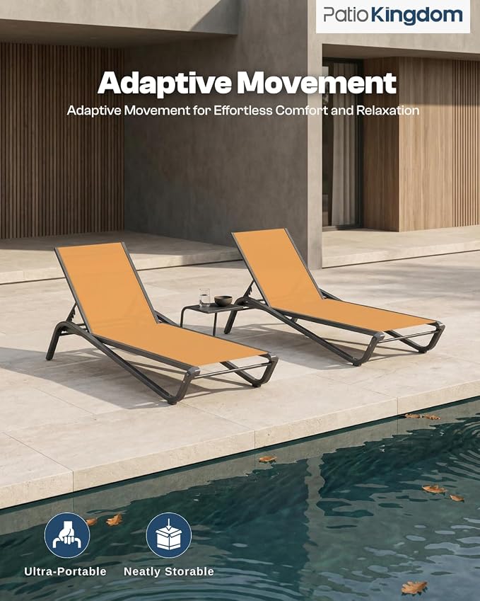 Adjustable Patio Chaise Lounge Chair, Outdoor Pool Lounger for Sunbathing & Tanning, All-Weather Textilene Sun Bed for Beach, Porch & Deck, Rust-Proof Aluminum Frame, Solar Orange