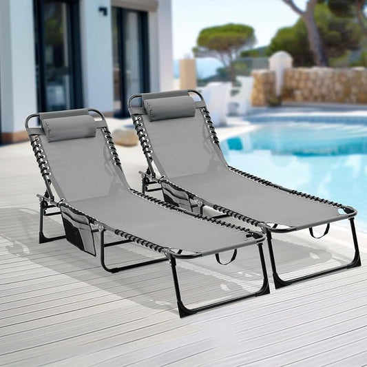 Tanning Chairs for Outside, Chaise Outdoor Lounge Chair, Folding Pool Chairs & Patio Lounger for Beach Camping Hiking Backyard Sunbathing Poolside, Portable (Gray Set of 2)