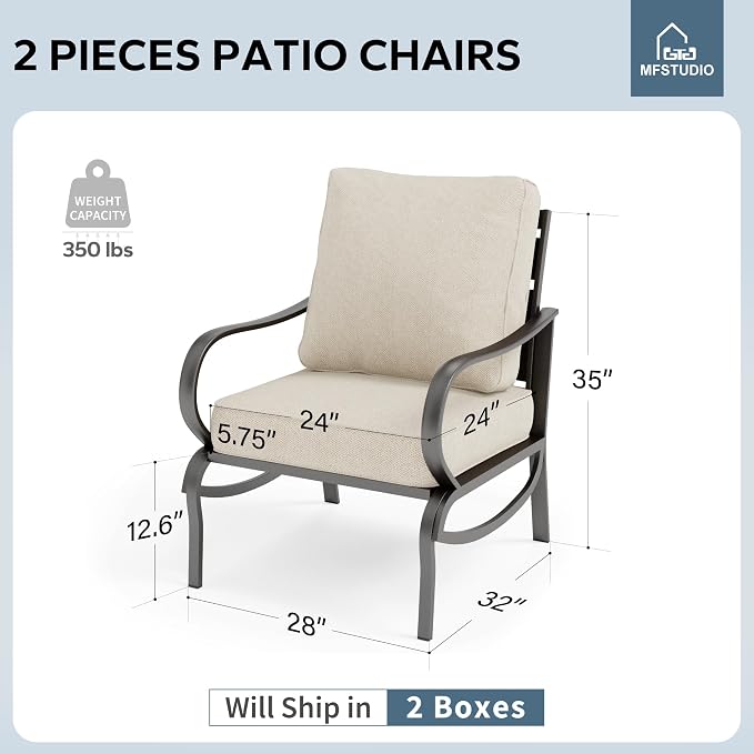 MFSTUDIO Metal Patio Conversation Sets, Outdoor Furniture Sofas Set of 2, 2 Pieces Durable Steel Frame Patio Chairs with 5.8" Beige Cushions for Patio Garden Backyard Balcony