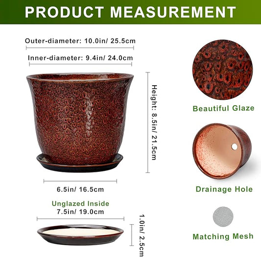 10 Inch Plant Pot - Ceramic Pots for Plants with Drainage Hole and Saucer, Round Flower Pot for Indoor Outdoor, Modern Ceramic Planter, Garden Room Home Decor, House Warming Gifts, Red