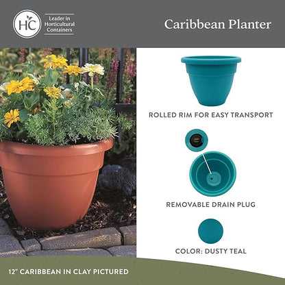 The HC Companies 8 Inch Caribbean Planter Pots with Drainage & Plug, Rolled Rim Plastic Planters for Indoor & Outdoor Plants, 4-Pack Decorative Flower Pots for Garden, Office & Home Decor, Dusty Teal