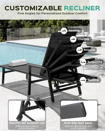 Vexwalx Patio Chaise Lounge Chair Outdoor with Wheels&Armrests, Aluminum Pool Lounge Chairs 5-Position Adjustable Recliner, Outdoor Beach Lounge Chairs for Outside, Patio, Deck, Yard, Black
