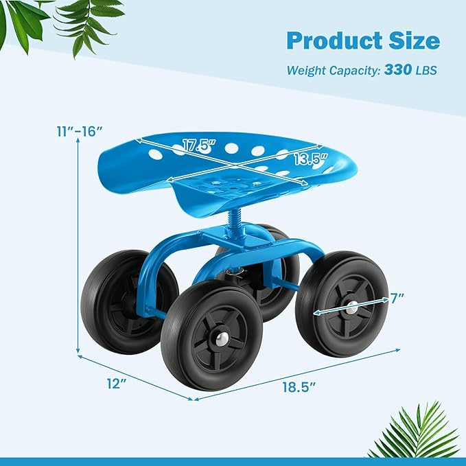 Giantex Garden Cart, Rolling Workseat with 4 Wheels, Garden Stool 360° Swivel Work Seat & Adjustable Height, Heavy Duty Wagon Scooter for Gardening for Patio Garden, Lawn, Yard (Blue)