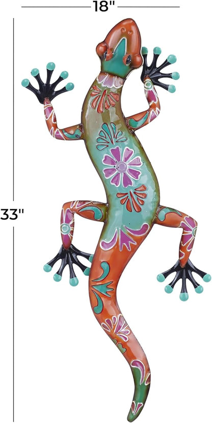 Deco 79 Metal Lizard Home Wall Decor Indoor Outdoor Floral Patterned Wall Sculpture with Teal and Pink Accents, Wall Art 18" x 3" x 33", Orange