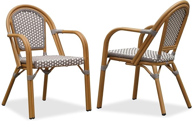 PURPLE LEAF French Bistro Chairs Set of 2 Aluminum Hand-Woven Rattan Wicker Dining Chairs with Arms for Outdoor Porch Garden Bamboo Print Finish Grey