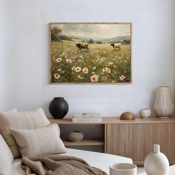 Vintage Canvas Wall Art Cow and Flowers Wall Decor Landscape Countryside Wildflowers Oil Painting Farmhouse Picture Modern Print Rustic Floral Prints for Living Room Bedroom Bathroom 12x16 Inch Framed