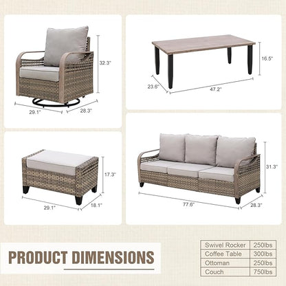 Modern Wicker Patio Furniture Set, Rattan Outdoor Conversation Set with Comfortable Cushions, 2 Swivel Rocking Chairs, 3 Seat Couch, 2 Ottomans and Coffee Table, 6 Pieces, Brown/Gray