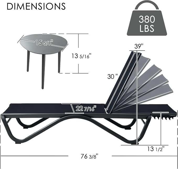 Kozyard Outdoor Chaise Lounge Chair, All Aluminum Frame and Textilene Fabric, Fully Flat Adjustable Reclining Patio Lounger for Poolside, Sunbathing & Backyard (NavyBlue, 2Chairs + Table)