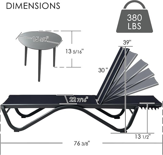 Kozyard Outdoor Chaise Lounge Chair, All Aluminum Frame and Textilene Fabric, Fully Flat Adjustable Reclining Patio Lounger for Poolside, Sunbathing & Backyard (NavyBlue, 2Chairs + Table)
