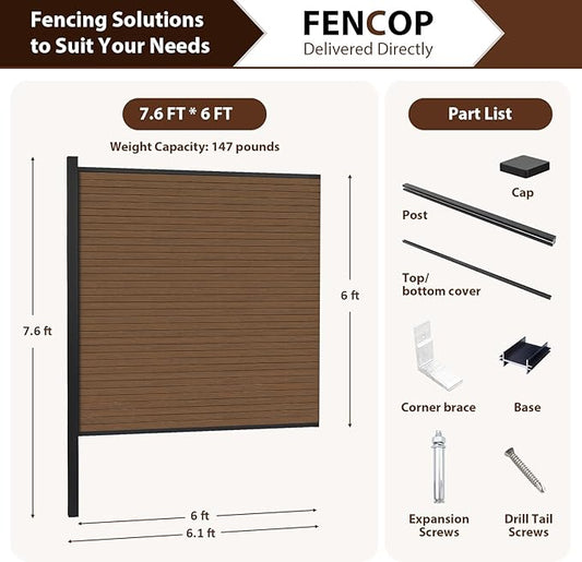 Privacy Fence Panels for Outside with 1 Post, 6' × 6' Windproof Composite Fence Cover Privacy, Garden Fencing Panel for Yard Pool Equipment Trash Can(Poured Concrete, Brown)