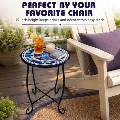 15 Inch Tall Outdoor Side Table, Metal Patio End Table with Twin Koi Fish Pattern, Rust Proof Black Small Garden Stool for Deck, Coastal Decor & Mermaid Table Gift