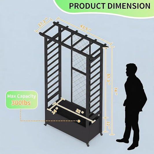 74" Mobile Planter with Trellis,Weatherproof Vertical Raise Garden Bed with Trellis & Hanging Roof for Climbing Plants,Flowers,Vegetables,Rust-Proof Metal Privacy Planter for Patio (Black-A)