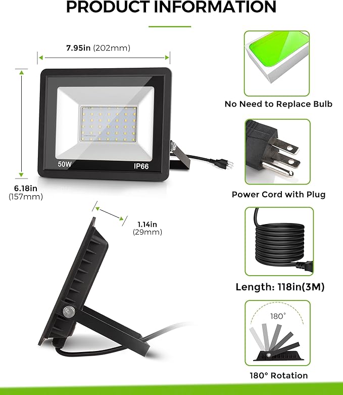 L LOHAS LED Green Christmas Flood Light Outdoor, 𝑫𝒖𝒔𝒌 𝒕𝒐 𝑫𝒂𝒘𝒏 50W Plug in Flood Light, IP66 Waterproof Christmas Decorations, 2300lm Christmas Lights for Yard, Garage, Party UL Listed 2 Pack