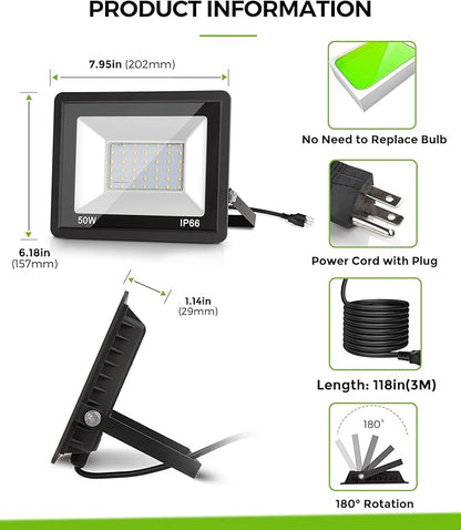L LOHAS LED Green Christmas Flood Light Outdoor, 𝑫𝒖𝒔𝒌 𝒕𝒐 𝑫𝒂𝒘𝒏 50W Plug in Flood Light, IP66 Waterproof Christmas Decorations, 2300lm Christmas Lights for Yard, Garage, Party UL Listed 2 Pack