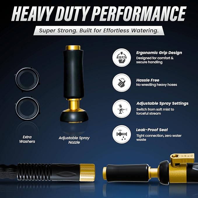 TITAN 50 ft Garden Hose – Lightweight Flexible Water Hose, Kink-Free Non-Expanding, High Flow, Solid Brass Fittings, Leak-Proof with Nozzle