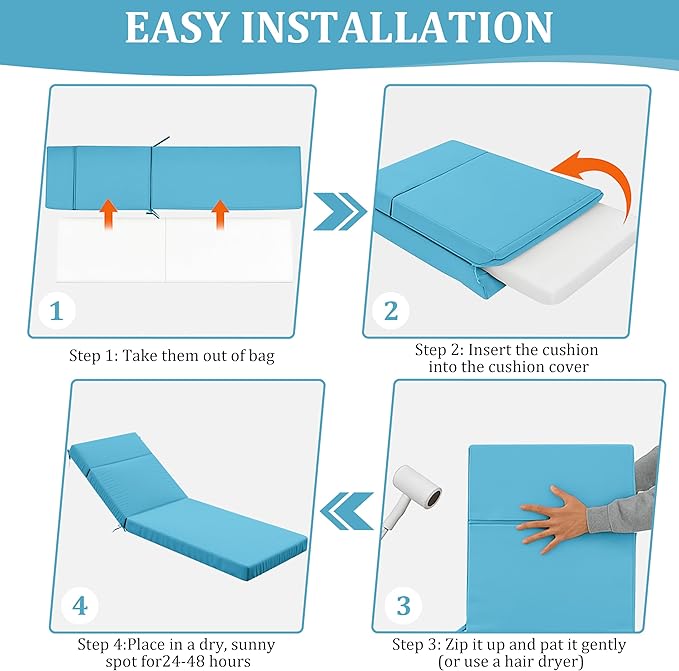 Chaise Lounge Cushion for Outdoor Furniture, Waterproof Fade and Tear Resistant Lounge Deck Chair Cushions for Patio Lawn Pool Resort Hotel