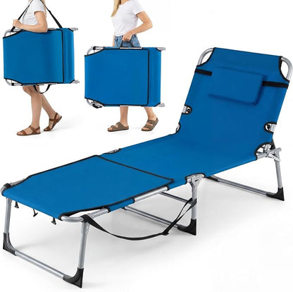 Giantex Tanning Chair, 330Lbs Patio Lounge Chair with 5 Adjustable Position, Face & Arm Hole, Hand/Shoulder Strap, Removable Pillow, Side Pocket, Chaise Lounger for Beach Sunbathing Outdoor, Blue