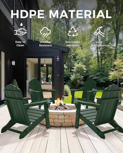 Adirondack Chairs Set of 2, HDPE Material Fire Pit Chairs, Plastic Adirondack Chairs with 2 Cup Holder, Outdoor Lawn Chair for Patio Garden, Green