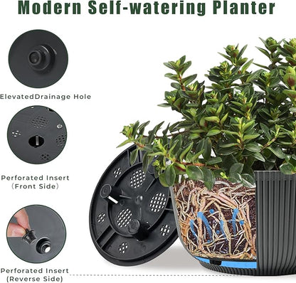 T4U 10 Inch Self Watering Pots for Indoor Plants, 2 Pack Large Plant Pots, Self Watering Planter for Indoor Plants, Durable Plastic Pots (2 Pack,10", Gray)
