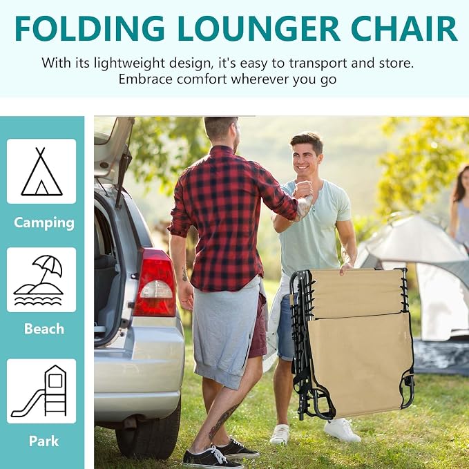 Sun Tanning Chair with Face Hole, Heavy Duty Adjustable 5-Position Folding Laying Out Chairs for Tanning, Beach Lounge Chairs for Adults for Outdoor Sunbathing Patio Pool Lawn (Deep Beige)