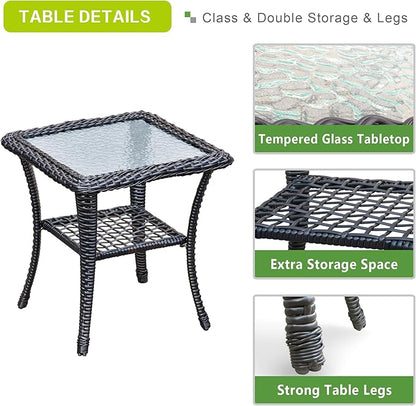 ATR ART TO REAL Outdoor Side Table, Indoor Outdoor Tempered Glass Top Wicker Coffee Bistro Table, All-Weather Patio Square Storage End Table, Steel Frame, 20''x 20''x20''