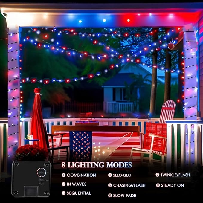 4pk Solar Christmas Lights Outdoor, Red White and Blue Solar String Lights, 400LED 132FT LED 4th of July Light Waterproof, Solar Fairy Twinkle Light for Xmas Tree Independence Day Party Decorations