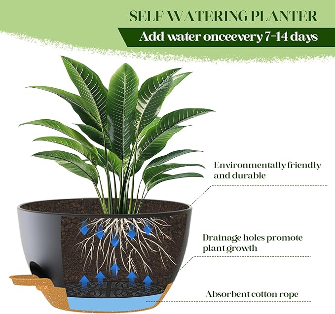 10 Inch Hanging Planters with Chains 2 Pack Self Watering Black Brown Plastic Hanging Pots for Indoor Outdoor Plants, Garden Porch Home Decor (Black Brown)