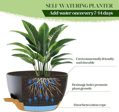 10 Inch Hanging Planters with Chains 2 Pack Self Watering Black Brown Plastic Hanging Pots for Indoor Outdoor Plants, Garden Porch Home Decor (Black Brown)