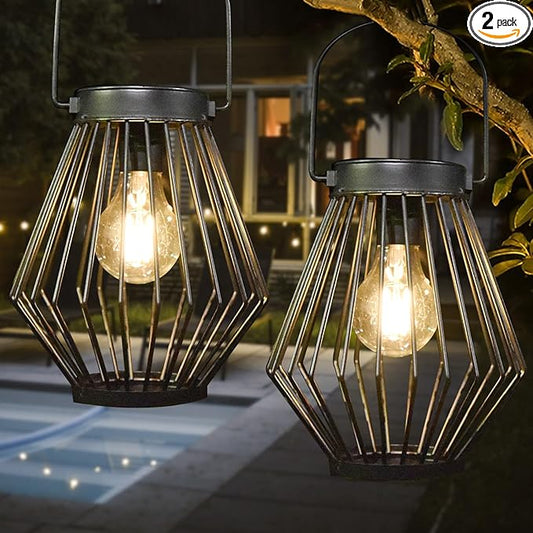 Solar Lanterns Outdoor Waterproof, 2 Pack Metal Decorative Hanging Lantern Lights with Warm White LED Bulb, Solar Powered Patio, Yard & Garden Decor, Ideal for Housewarming & Christmas Gifts