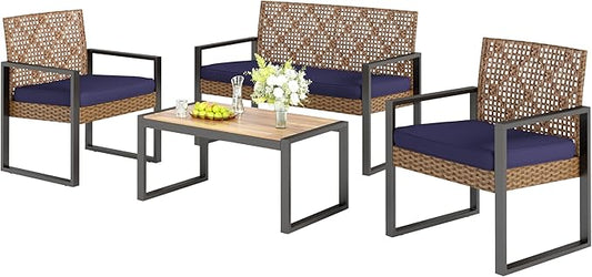Sophia & William 4 Pieces Patio Conversation Set, Wicker Outdoor Furniture Set for 4, All Weather Outdoor Seating Set, Rattan Loveseat & Chairs with Cushions & Coffee Table，Brown and Navy Blue