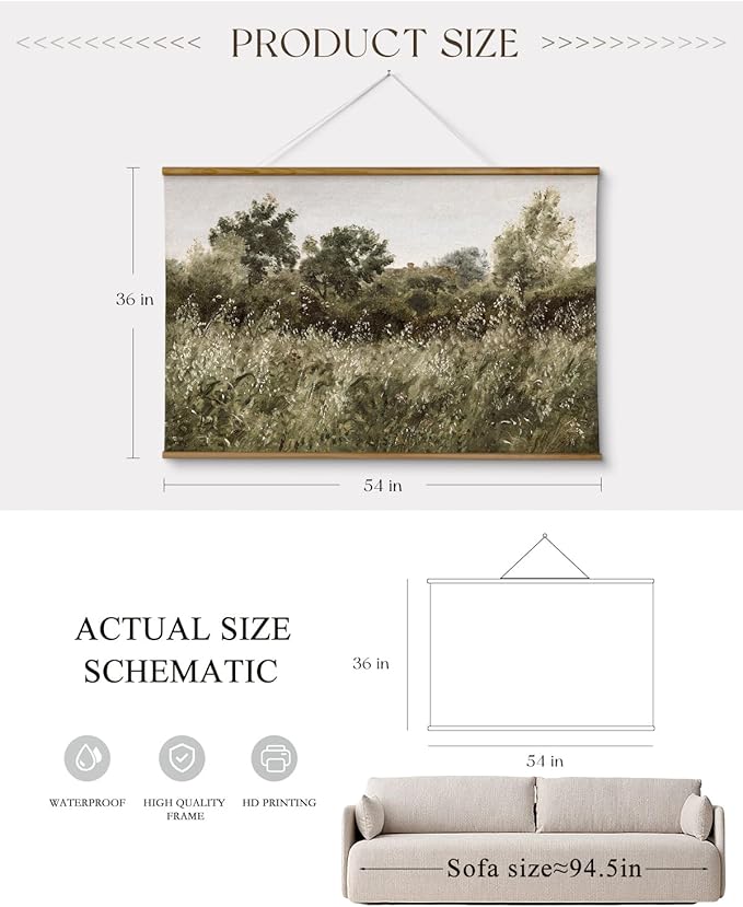 ARPEOTCY Extra Large Vintage Framed Wall Art, 36x54 Inch Farmhouse Retro Meadow Landscape Hanging Framed Canvas Wall Art, Large Rustic Home Decor for Living Room Office Bedroom Above of Bed