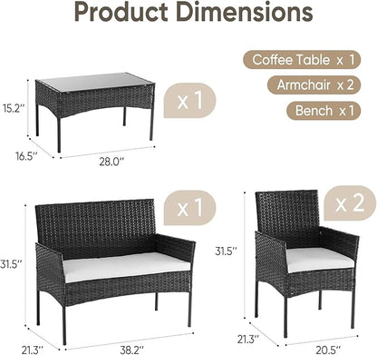 DUMOS 4 Piece Patio Furniture Set, All-Weather Outdoor Wicker Conversation Set with Removable Cushions & Tempered Glass Coffee Table, for Porch, Balcony, Lawn, Backyard Black
