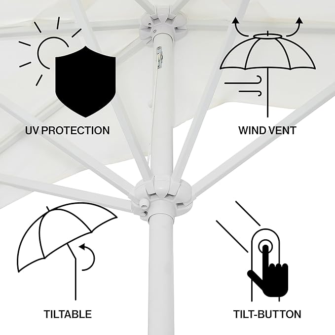 JONATHAN Y Half Umbrella UMB1201K Beverly 9 ft. Designer Classic Scalloped Fringe Market Patio with Crank, Tilt Button and UV Protection in Cream/White, White Pole