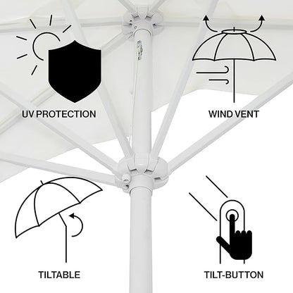 JONATHAN Y Half Umbrella UMB1201K Beverly 9 ft. Designer Classic Scalloped Fringe Market Patio with Crank, Tilt Button and UV Protection in Cream/White, White Pole