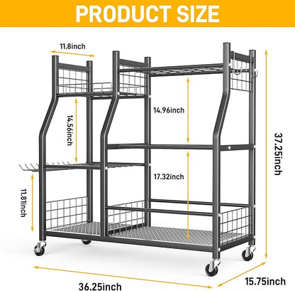 Ultrawall Garden Tool Organizer, Yard Tool Storage Rack for Garage Organization with Lockable Wheels, Garden Tool Stand for Rake, Brooms, Indoor & Outdoor Use