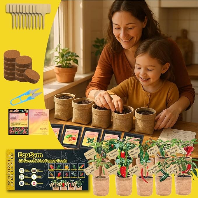 10 Pepper Seeds Window Garden Kit - Hot & Sweet Peppers Seeds for Indoor & Outdoor Planting, Gardening Gift for Kids, Moms, Women, Beginners, Complete Starter Kit Vegetable Garden Starter