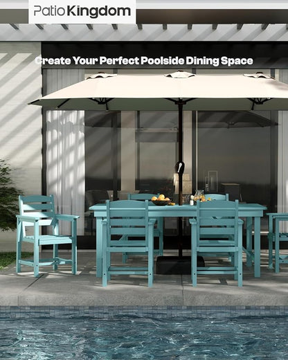 7-Piece Light Blue HDPE Patio Table and Chairs Set, Weather Resistant Outdoor HDPE Dining Table Sets with Umbrella Hole for Lawn, Garden, Deck, Poolside, Balcony