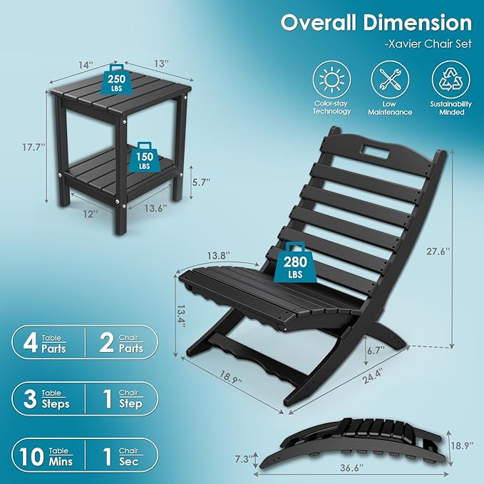 GREENVINES 3 Pieces Patio Furniture Set | Outdoor Bistro Sets for 2 | HDPE Plastic | Folding-Adirondack-Chairs-with-Side-Table | All Weather | Xavier Chair | for Porch Deck Poolside Backyard | Black
