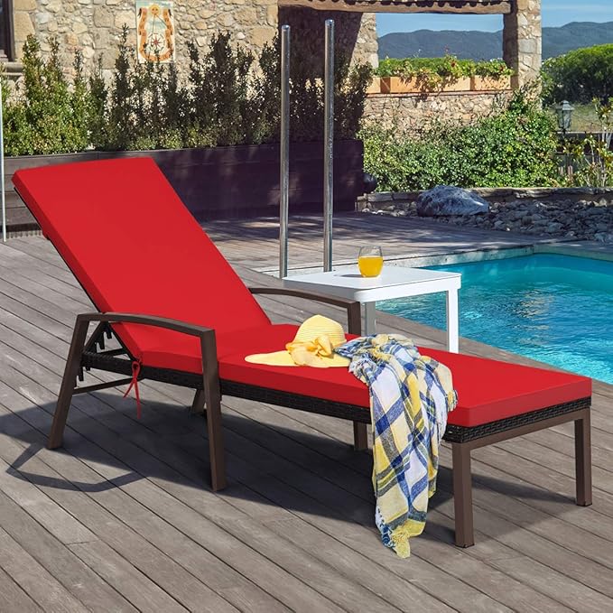 COSTWAY 2PCS Rattan Lounge Chair Outdoor, Patio Wicker Chaise Lounge with 5-Position Adjustable Backrest, Soft Cushion & Arm Rest, Pool Recliner Set of 2 for Poolside, Deck, Backyard (Red)