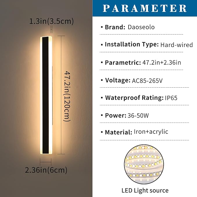 2 Pack Long Outdoor Wall Sconce, 47.2inch Modern Exterior Light Fixture, IP65 Waterproof, 3000K-6000K Dimmable with Remote Control, Linear Wall Mount Lighting for Patio, Garden, Garage