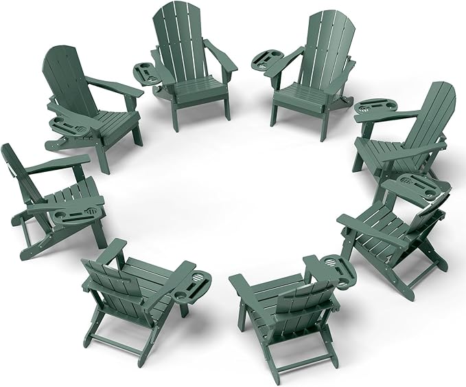 Adirondack Chair Set of 8, HDPE Folding Adirondack Chair with Multifunctional Cup Holder, Weather Resistant Fire Pit Chair for porches, patios, poolsides, Decks.