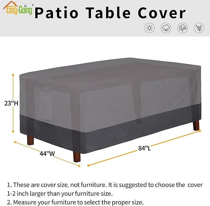 Easy-Going 600D Heavy Duty Rectangular Table Cover UV Resistant and Waterproof Outdoor Lawn Patio Furniture Cover (84" Lx44 Wx23 H, Gray/Dark Gray)