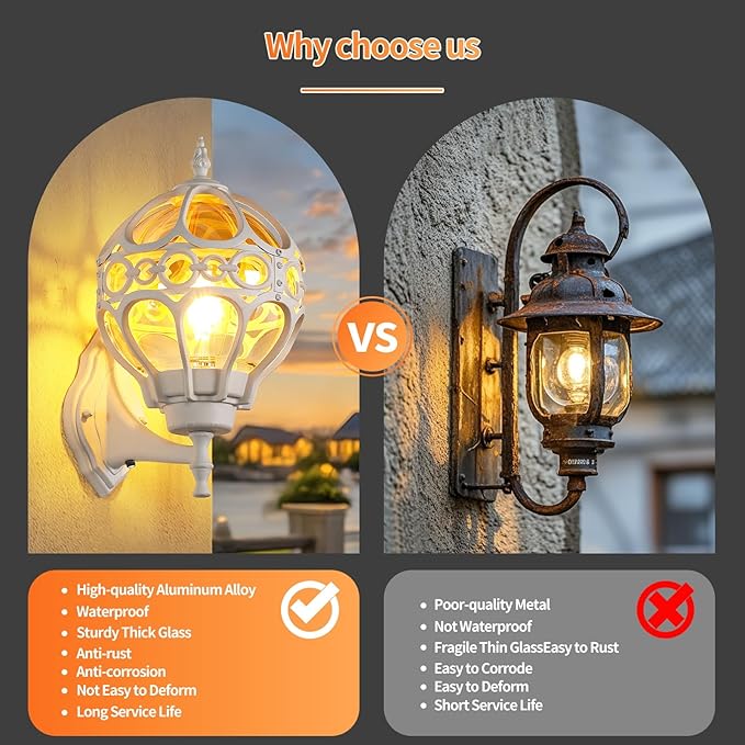 Globe Outdoor Wall Lights with Dusk to Dawn Sensor,Waterproof White Sphere Outside Wall Light Fixtures, Anti-Rust Exterior Aluminum Round Porch Lights for Patio Porch Backyard Garage，Large